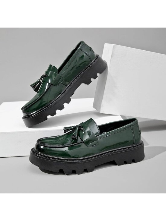?Men\'s Green Leather Slip on Comfortable Round Toe Fashion high Sole Loafers main image 4